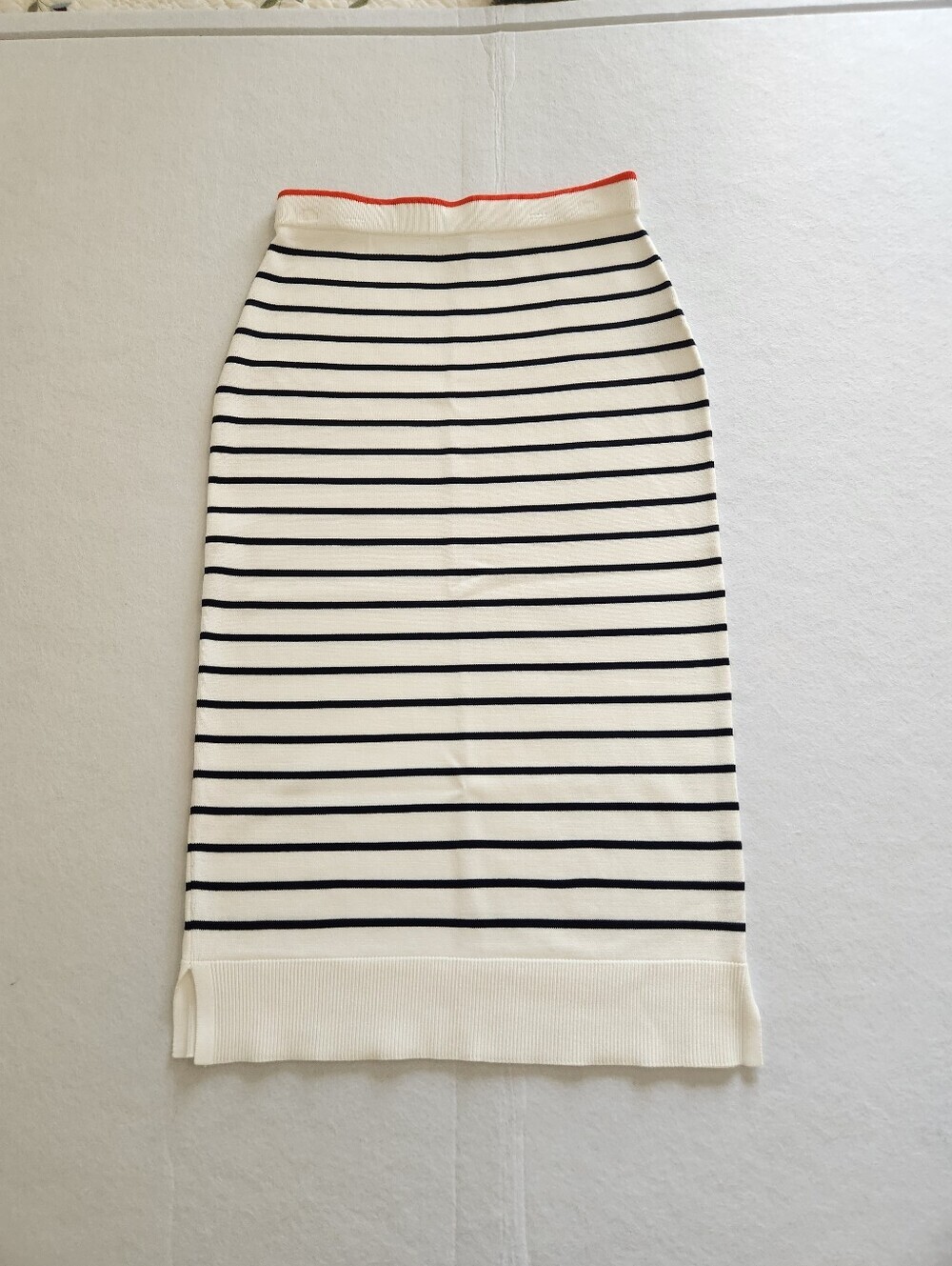 On 34th Striped Pencil Skirt in White with Black Stripes and Coral Trim Small